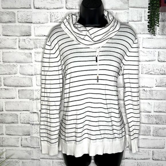 Calvin Klein Striped Cowl Neck Drawstring Sweatshirt Long Sleeve Top Size Medium - Picture 1 of 7